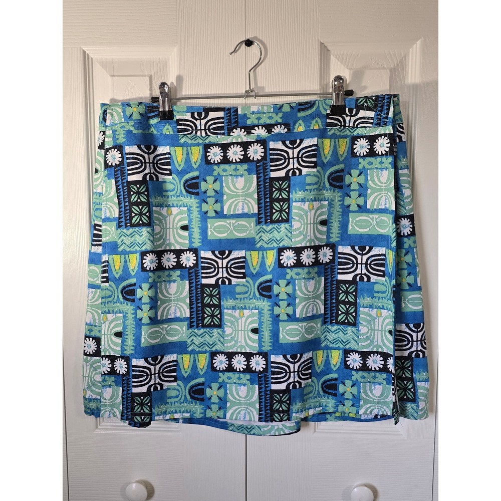 RipSkirt Hawaii Large Blue Green Tribal Tiki Print Wrap Skirt Quick Dry Stretch